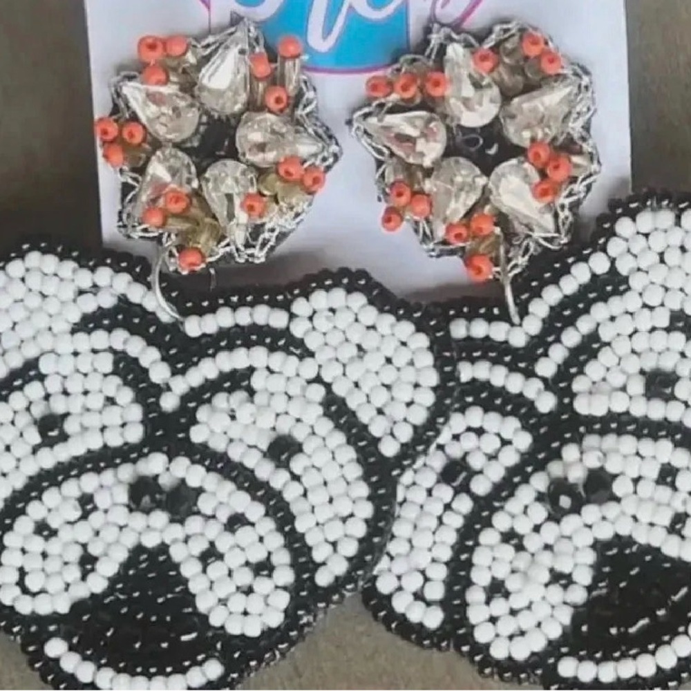 Black & White Beaded Statement Earrings with Coral Accent Beads